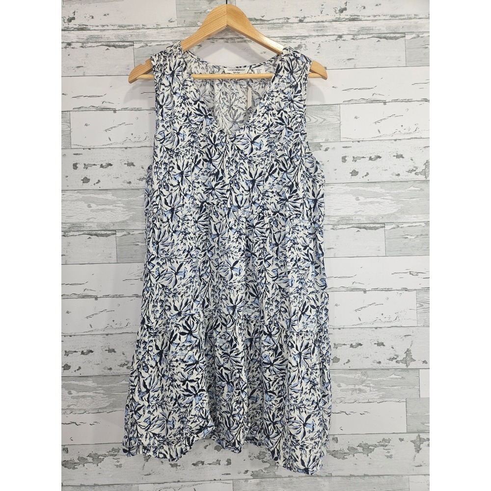 Lucky Brand Womens XL Blue Floral 100% Linen Sleeveless V-Neck Tiered Dress